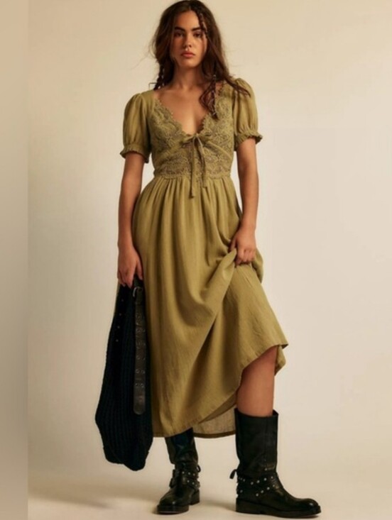 Free People Dresses & Skirts - Free People All You Need Is Lace Midi Dress Olive Green Bohemian Size M